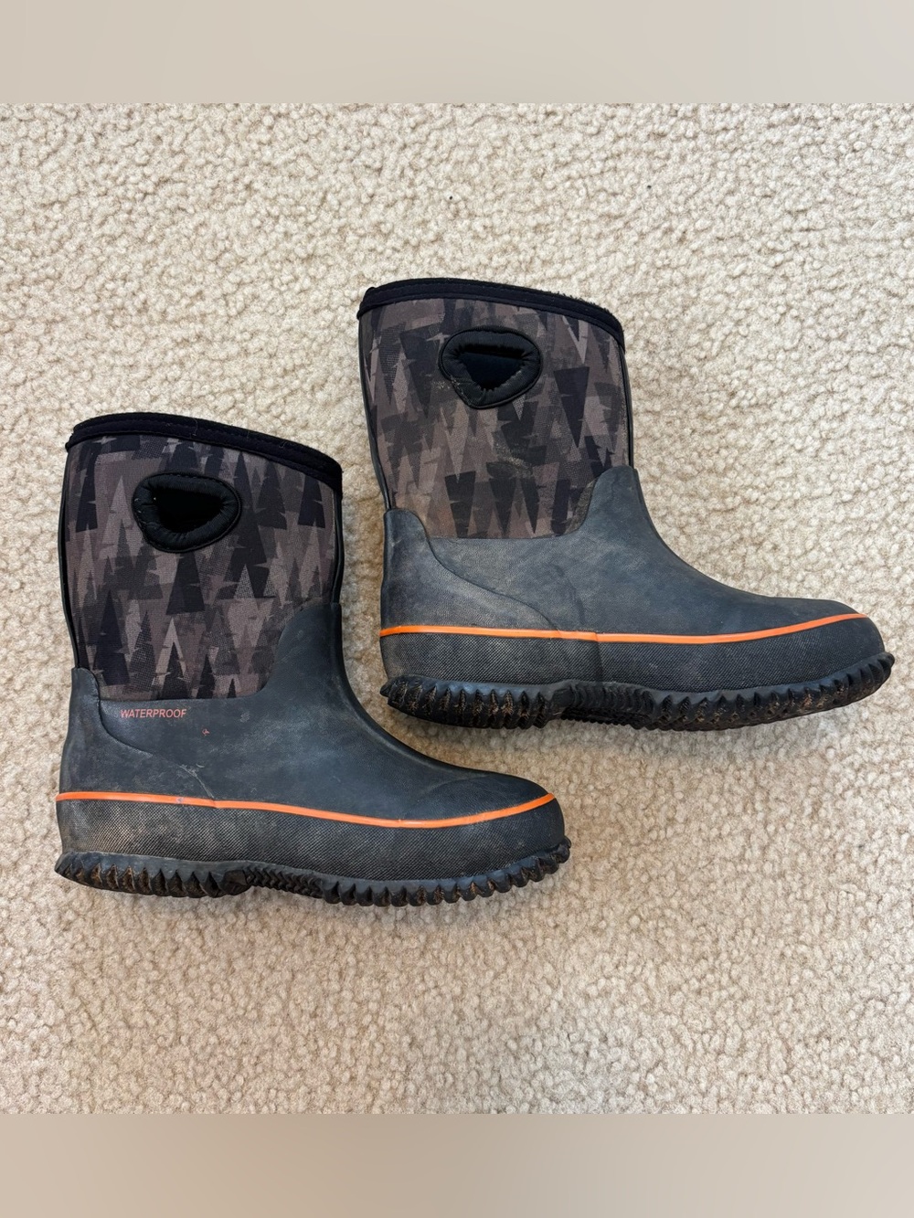 Kids Waterproof Rain Boots in Charcoal with Orange Trim Size 11